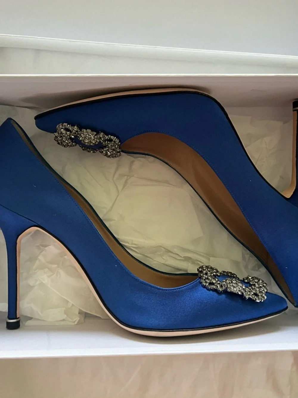 Manolo Blahnik Royal Blue Satin Pointed-Toe Crystal Buckle Pumps